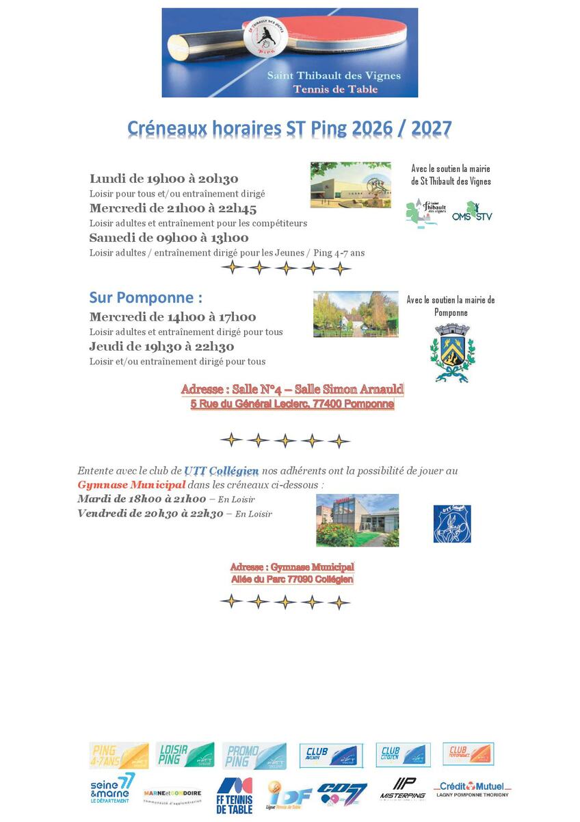 ⚠️🏓 Créneaux horaires 🏓⚠️